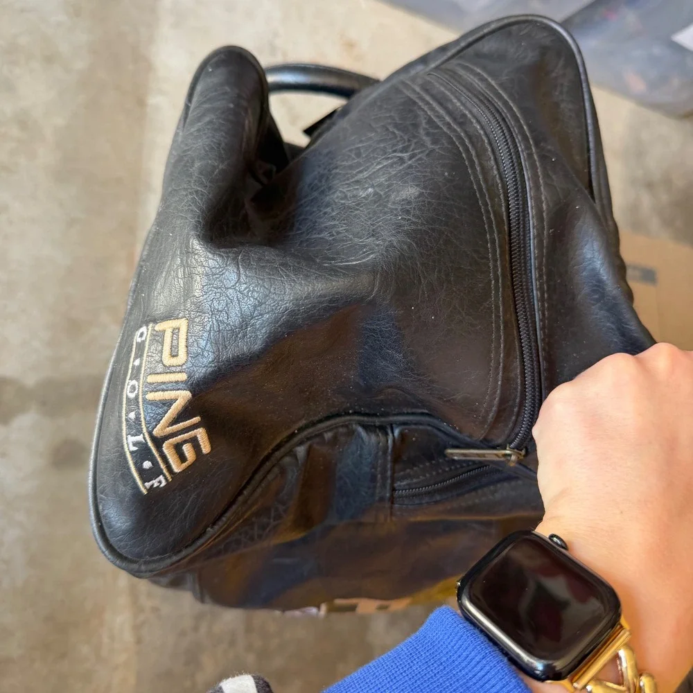 Vintage Ping Golf Vintage Black Leather Duffle Bag Travel‎ Gym Sport Logo Large
